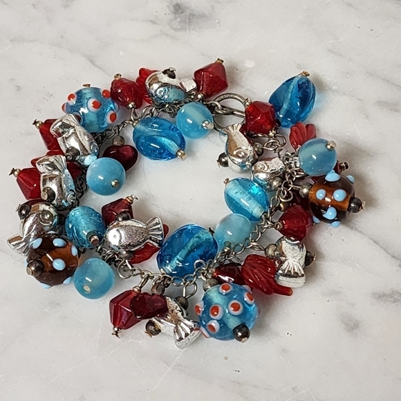 Art Glass Charm Bracelet Blue Red Silver Tone Toggle Beachy Fish Mixed Media - Picture 2 of 11
